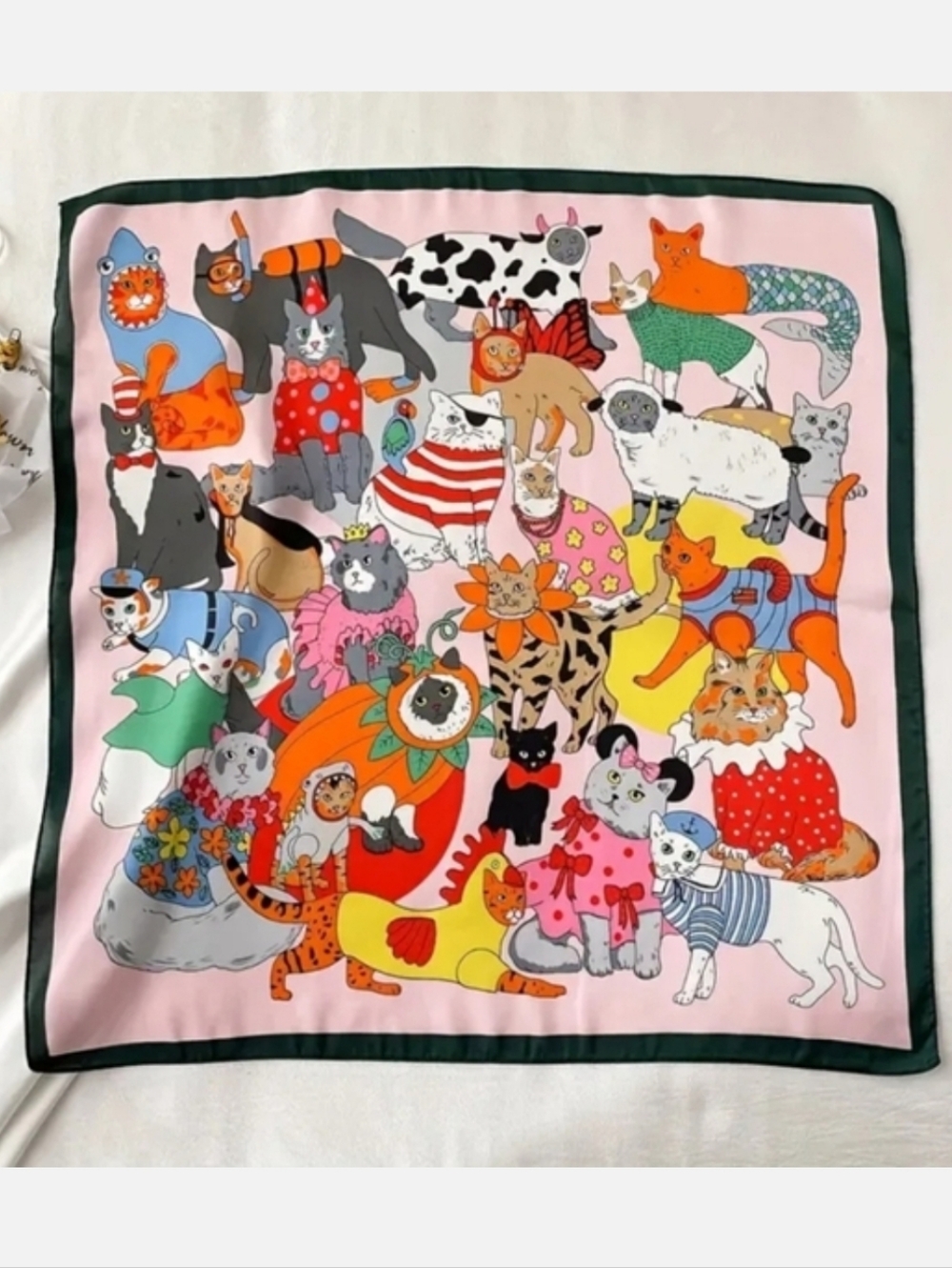 Colorful Cat Print Square Scarf - Pink & Green